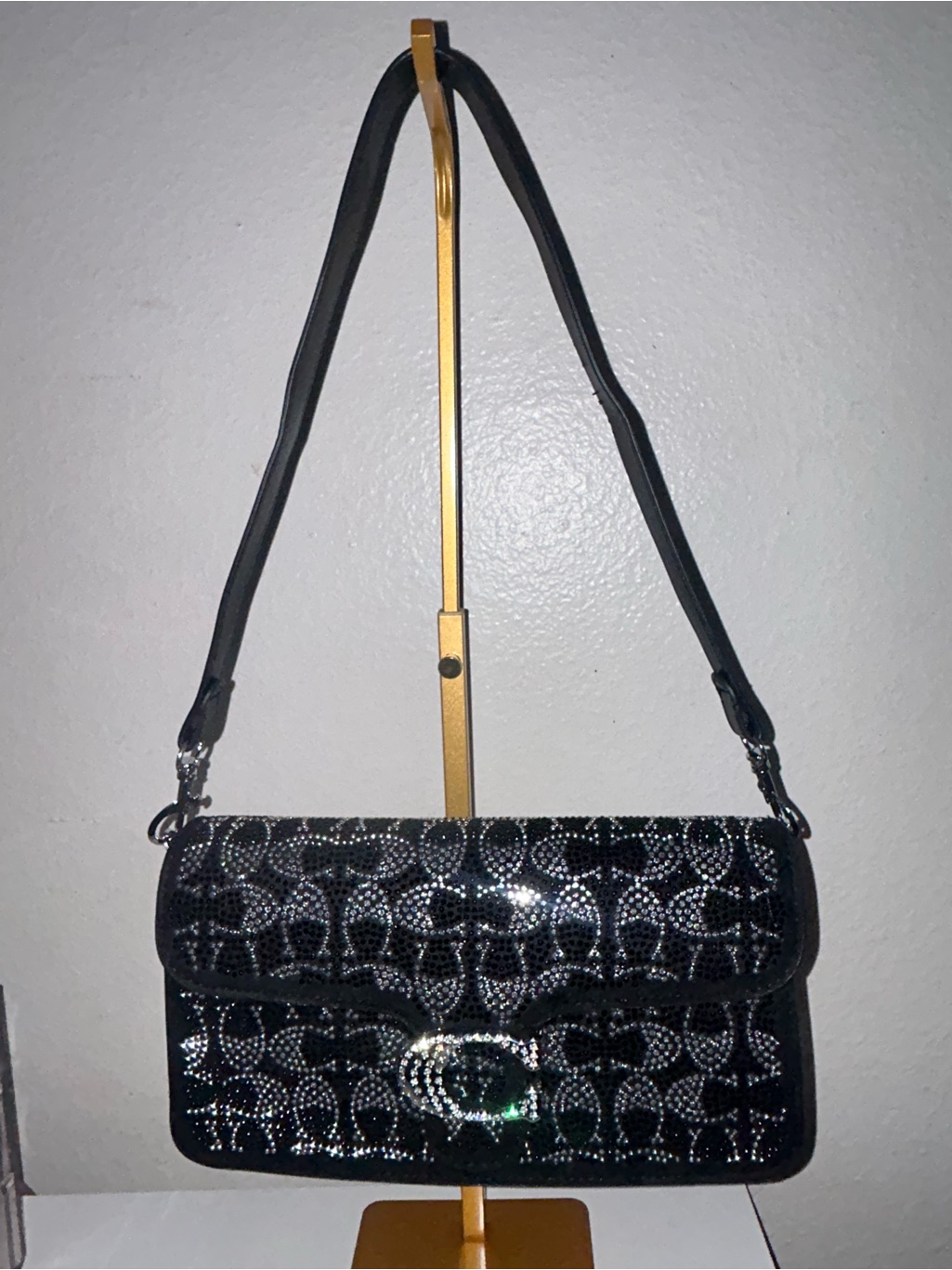 Black Sequin Shoulder Bag With Crystal Accent